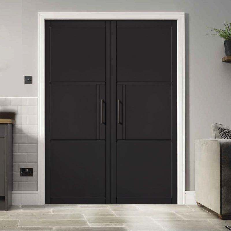 Tribeca 3 Panel Black Painted Internal Door Pair - Prefinished