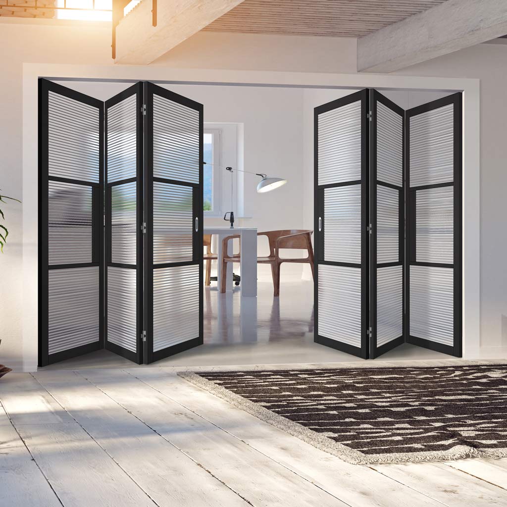 Six Folding Doors & Frame Kit - Tribeca 3 Pane Black Primed 3+3 - Clear Reeded Glass