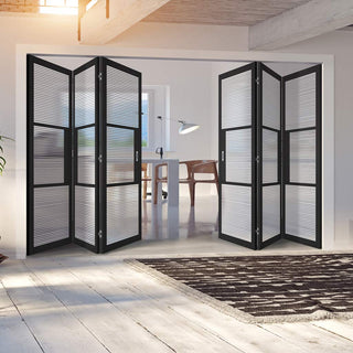 Image: Six Folding Doors & Frame Kit - Tribeca 3 Pane Black Primed 3+3 - Clear Reeded Glass