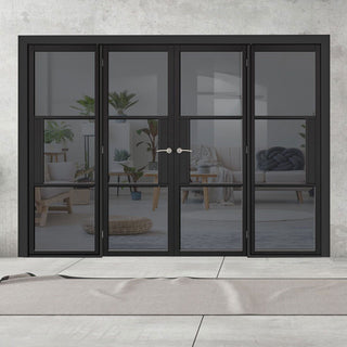 Image: ThruEasi Room Divider - Tribeca 3 Pane Black Primed Tinted Glass Unfinished Double Doors with Double Sides
