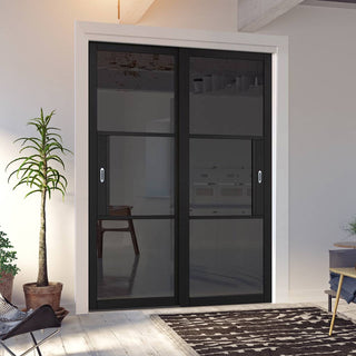 Image: Pass-Easi Two Sliding Doors and Frame Kit - Tribeca 3 Pane Black Painted Door - Tinted Glass