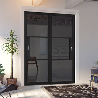 Image: Pass-Easi Two Sliding Doors and Frame Kit - Tribeca 3 Pane Black Primed Door - Tinted Glass