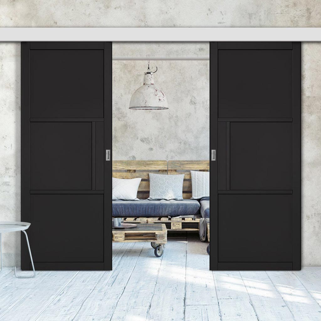 Double Sliding Door & Wall Track - Tribeca 3 Panel Black Primed Door