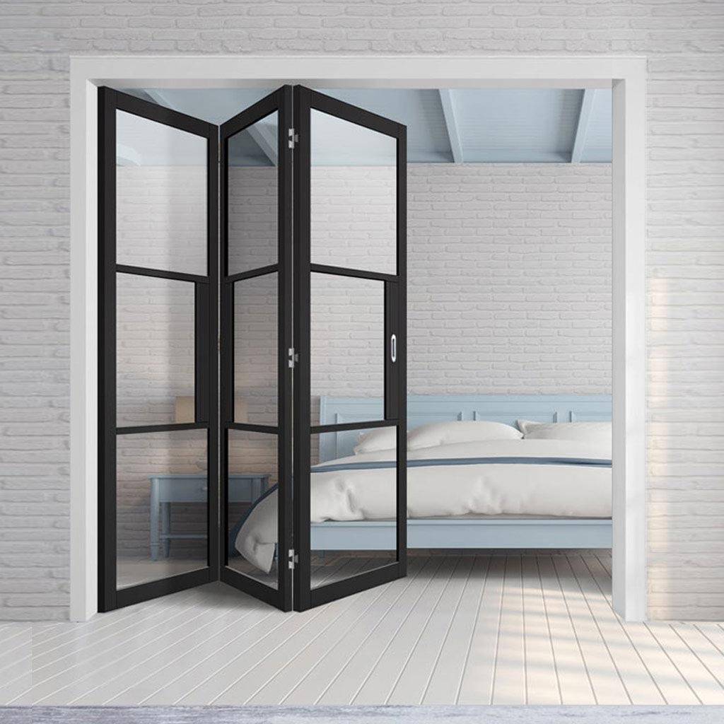Three Folding Doors & Frame Kit - Tribeca 3 Pane Black Primed 3+0 - Clear Glass