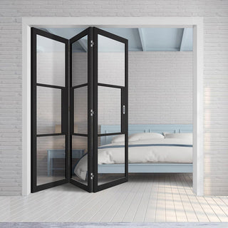 Image: Three Folding Doors & Frame Kit - Tribeca 3 Pane Black Primed 3+0 - Clear Glass
