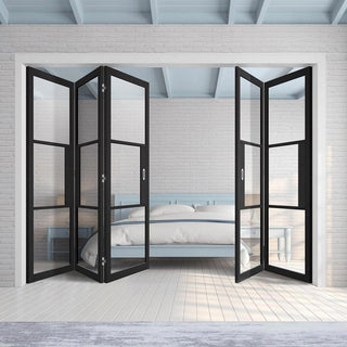 Image: Five Folding Doors & Frame Kit - Tribeca 3 Pane Black Primed 3+2 - Clear Glass
