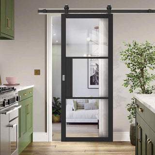 Image: Top Mounted Black Sliding Track & Door - Tribeca 3 Pane Black Primed Door - Clear Glass