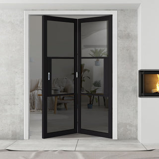 Image: Two Folding Doors & Frame Kit - Tribeca 3 Pane Black Primed 2+0 - Tinted Glass