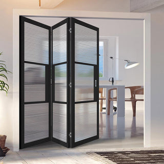 Image: Three Folding Doors & Frame Kit - Tribeca 3 Pane Black Primed 3+0 - Clear Reeded Glass