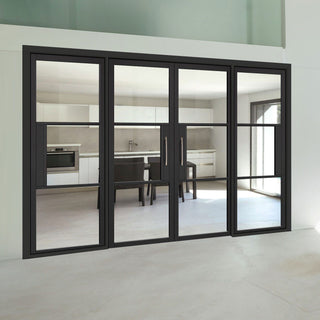 Image: ThruEasi Room Divider - Tribeca 3 Pane Black Primed Clear Glass Unfinished Double Doors with Double Sides