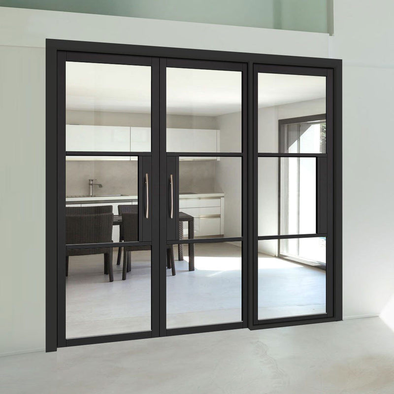 Room Divider - Tribeca 3 Pane Black Clear Glass Prefinished Double Doors with Single Side