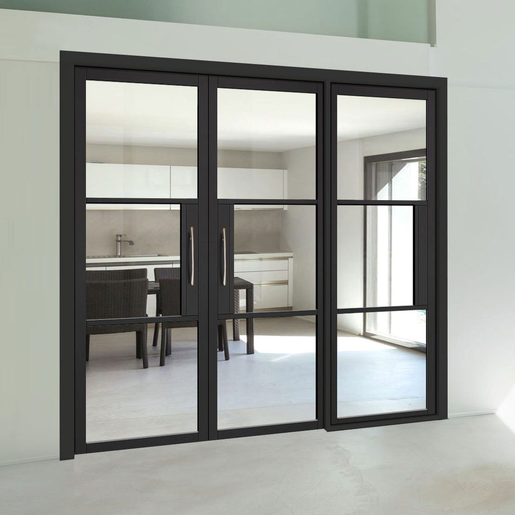 ThruEasi Room Divider - Tribeca 3 Pane Black Primed Clear Glass Unfinished Double Doors with Single Side