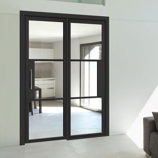 Image: ThruEasi Room Divider - Tribeca 3 Pane Black Primed Clear Glass Unfinished Door with Single Side