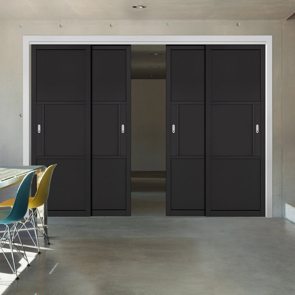 Pass-Easi Four Sliding Doors and Frame Kit - Tribeca 3 Panel Black Painted Door - Prefinished