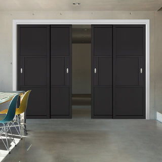 Image: Pass-Easi Four Sliding Doors and Frame Kit - Tribeca 3 Panel Black Painted Door - Prefinished