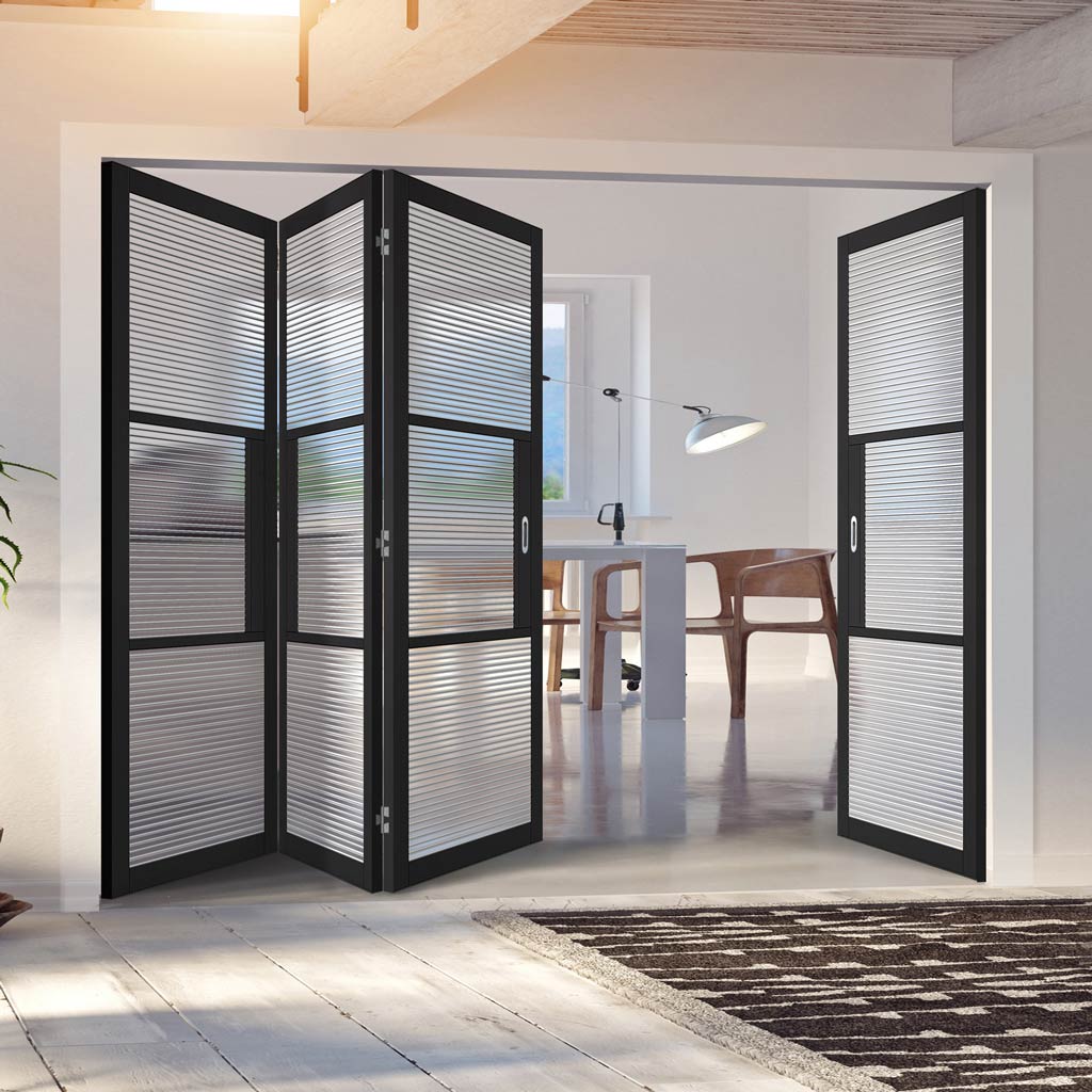 Four Folding Doors & Frame Kit - Tribeca 3 Pane Black Primed 3+1 - Clear Reeded Glass