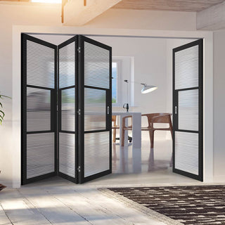 Image: Four Folding Doors & Frame Kit - Tribeca 3 Pane Black Primed 3+1 - Clear Reeded Glass