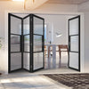 Four Folding Doors & Frame Kit - Tribeca 3 Pane Black Primed 3+1 - Clear Reeded Glass