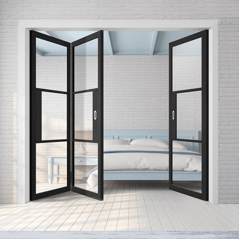 Three Folding Doors & Frame Kit - Tribeca 3 Pane Black Primed 2+1 - Clear Glass