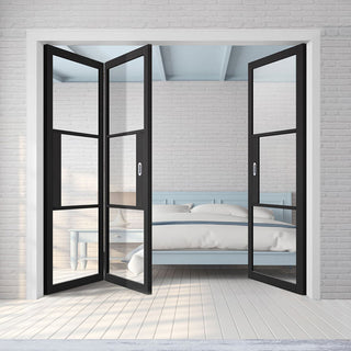 Image: Three Folding Doors & Frame Kit - Tribeca 3 Pane Black Primed 2+1 - Clear Glass
