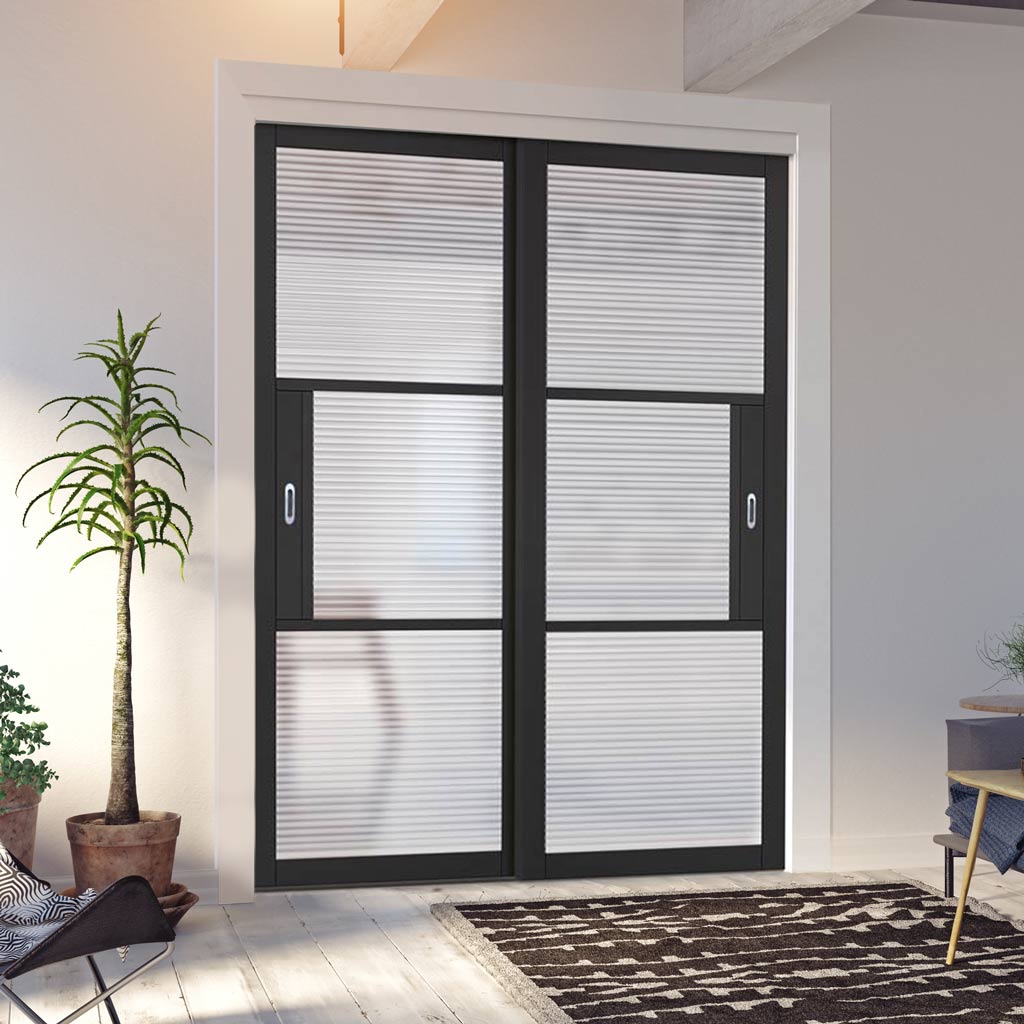 Pass-Easi Two Sliding Doors and Frame Kit - Tribeca 3 Pane Black Painted Door - Clear Reeded Glass