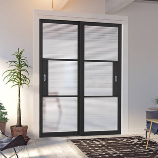 Image: Pass-Easi Two Sliding Doors and Frame Kit - Tribeca 3 Pane Black Painted Door - Clear Reeded Glass