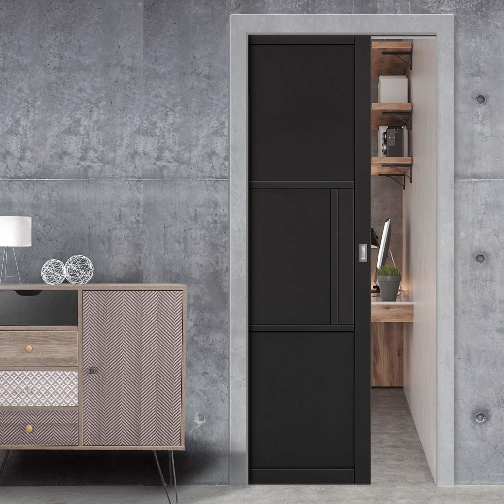 Tribeca 3 Panel Black Painted Single Evokit Pocket Door - Prefinished