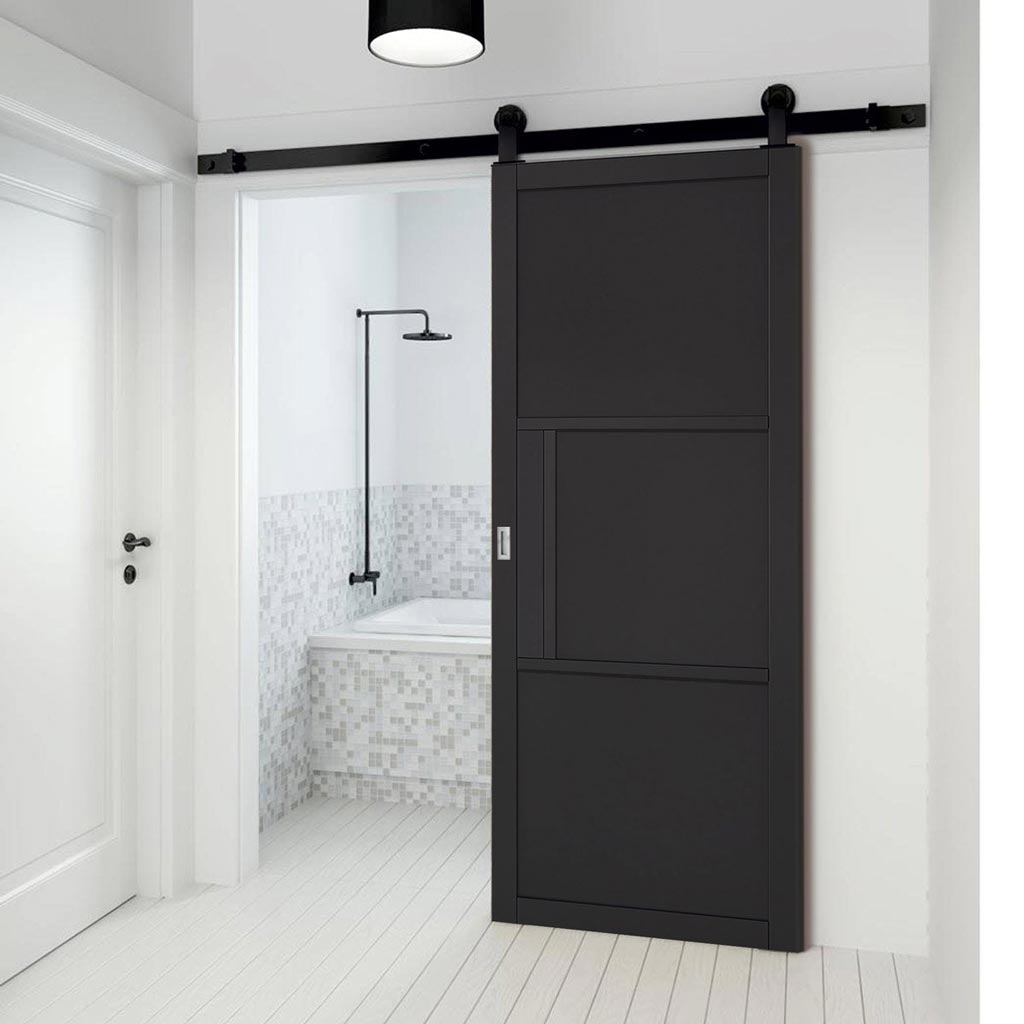 Top Mounted Black Sliding Track & Door - Tribeca 3 Panel Black Primed Door