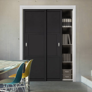 Image: Minimalist Wardrobe Door & Frame Kit - Two Tribeca 3 Panel Black Primed Door