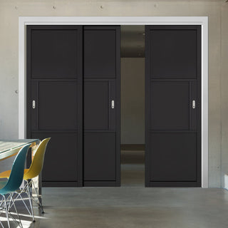 Image: Pass-Easi Three Sliding Doors and Frame Kit - Tribeca 3 Panel Black Primed Door