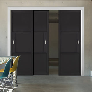 Image: Pass-Easi Three Sliding Doors and Frame Kit - Tribeca 3 Panel Black Painted Door - Prefinished