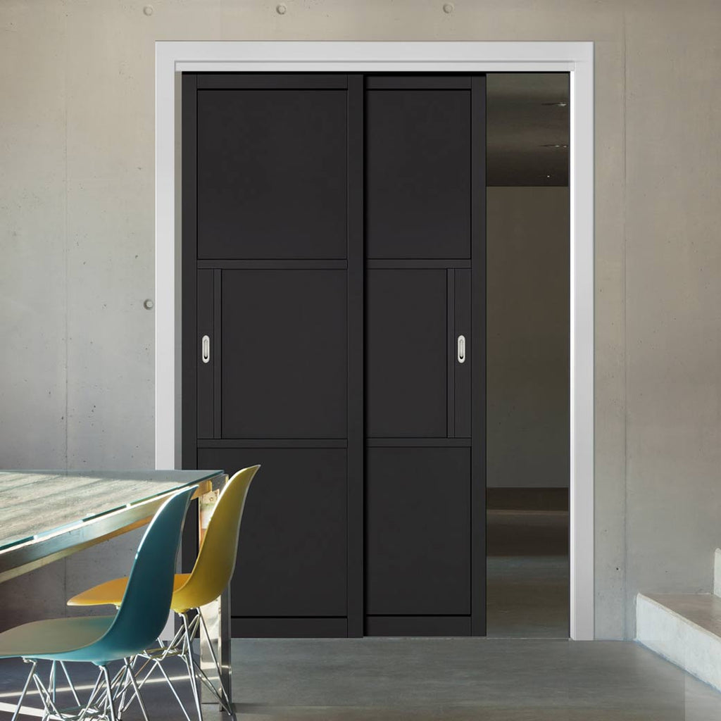 Pass-Easi Two Sliding Doors and Frame Kit - Tribeca 3 Panel Black Primed Door