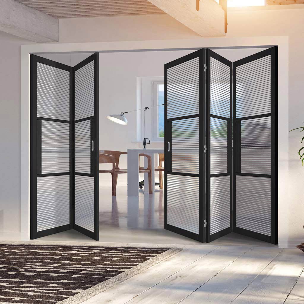 Five Folding Doors & Frame Kit - Tribeca 3 Pane Black Primed 3+2 - Clear Reeded Glass