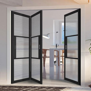 Image: Three Folding Doors & Frame Kit - Tribeca 3 Pane Black Primed 2+1 - Clear Reeded Glass