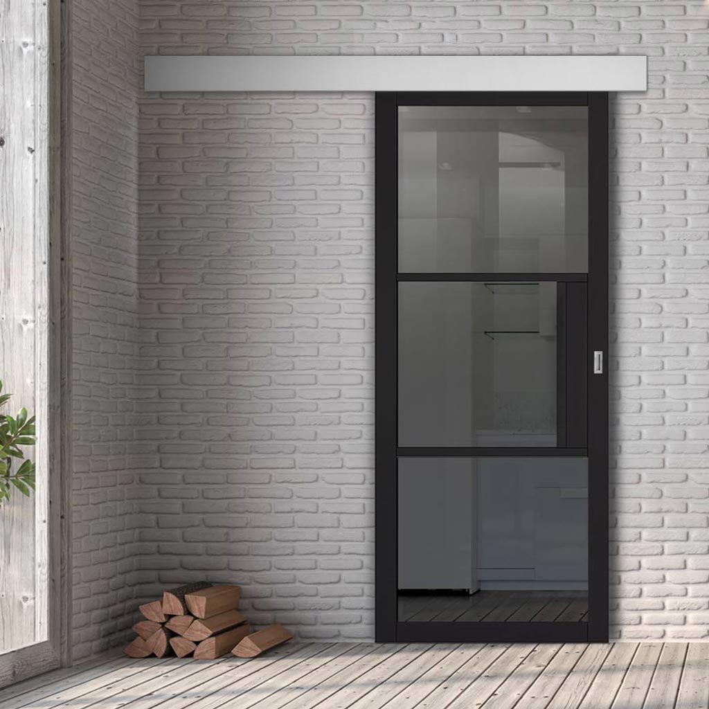 Single Sliding Door & Wall Track - Tribeca 3 Pane Black Primed Door - Tinted Glass