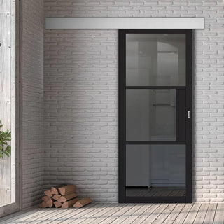 Image: Single Sliding Door & Wall Track - Tribeca 3 Pane Black Primed Door - Tinted Glass