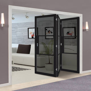 Image: Three Folding Doors & Frame Kit - Tribeca 3 Pane Black Primed 3+0 - Tinted Glass
