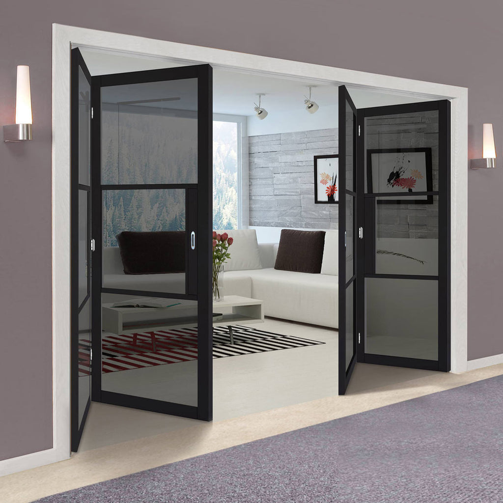 Four Folding Doors & Frame Kit - Tribeca 3 Pane Black Primed 2+2 - Tinted Glass