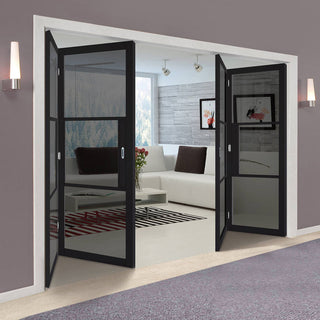 Image: Four Folding Doors & Frame Kit - Tribeca 3 Pane Black Primed 2+2 - Tinted Glass