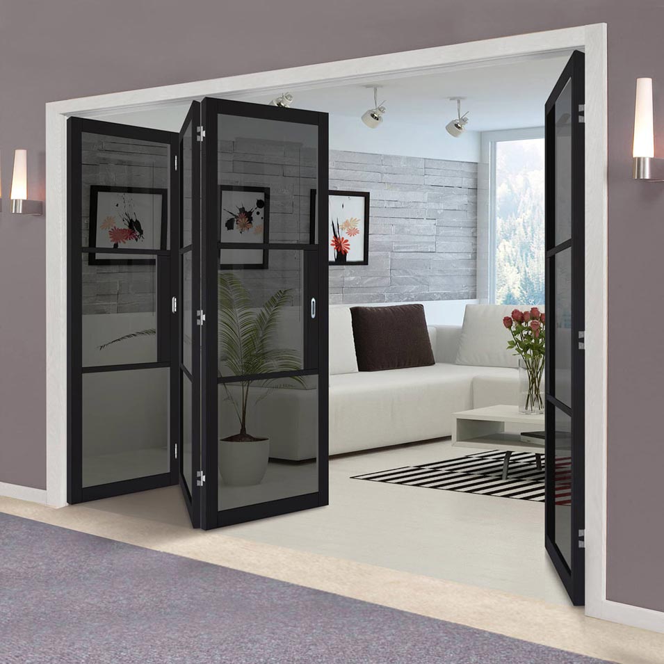 Four Folding Doors & Frame Kit - Tribeca 3 Pane Black Primed 3+1 - Tinted Glass