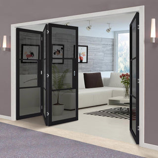 Image: Four Folding Doors & Frame Kit - Tribeca 3 Pane Black Primed 3+1 - Tinted Glass