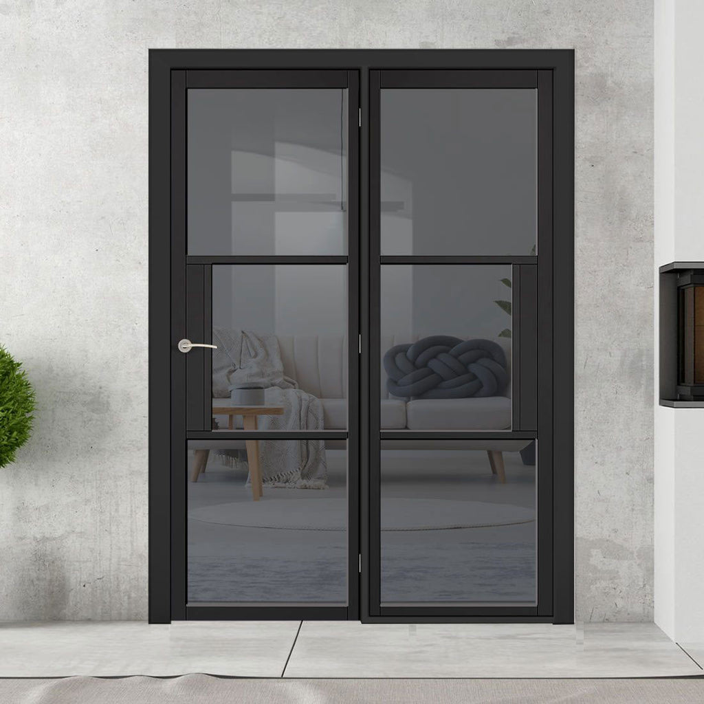 ThruEasi Room Divider - Tribeca 3 Pane Black Primed Tinted Glass Unfinished Door with Single Side