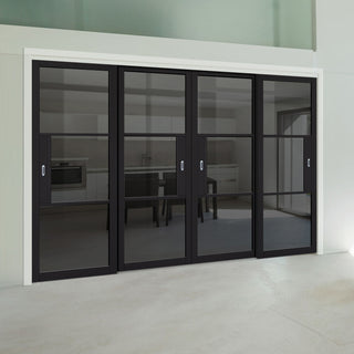 Image: Pass-Easi Four Sliding Doors and Frame Kit - Tribeca 3 Pane Black Painted Door - Tinted Glass