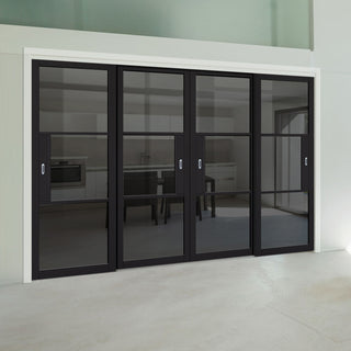 Image: Pass-Easi Four Sliding Doors and Frame Kit - Tribeca 3 Pane Black Primed Door - Tinted Glass