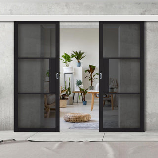 Image: Double Sliding Door & Wall Track - Tribeca 3 Pane Black Primed Door - Tinted Glass