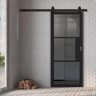 Image: Top Mounted Black Sliding Track & Door - Tribeca 3 Pane Black Primed Door - Tinted Glass