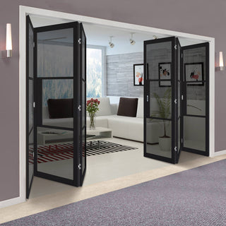 Image: Six Folding Doors & Frame Kit - Tribeca 3 Pane Black Primed 3+3 - Tinted Glass