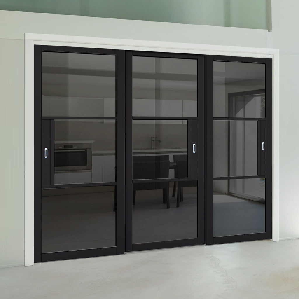 Pass-Easi Three Sliding Doors and Frame Kit - Tribeca 3 Pane Black Primed Door - Tinted Glass