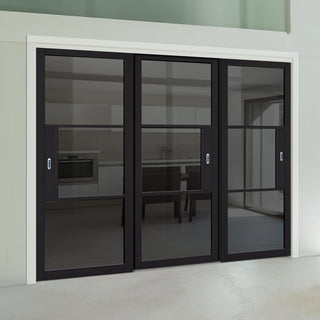 Image: Pass-Easi Three Sliding Doors and Frame Kit - Tribeca 3 Pane Black Primed Door - Tinted Glass