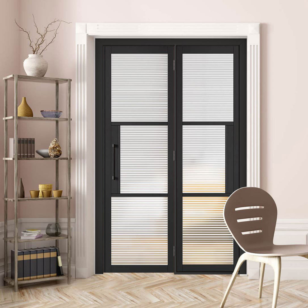 ThruEasi Room Divider - Tribeca 3 Pane Black Primed Clear Reeded Glass Unfinished Door with Single Side